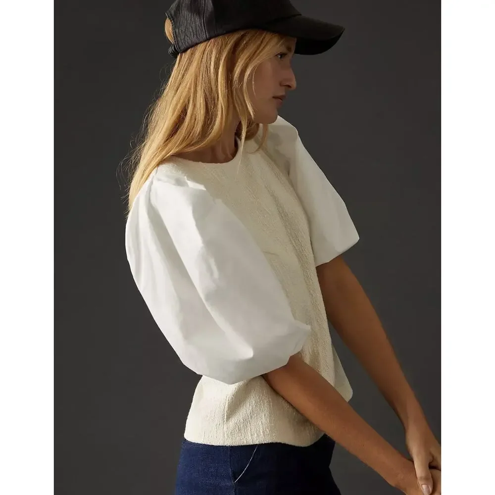 Anthropologie Puff Sleeve Top Size Small NWT Cream White Textured Classic